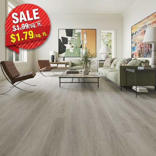 Living room with vinyl flooring and a sale sign overlay