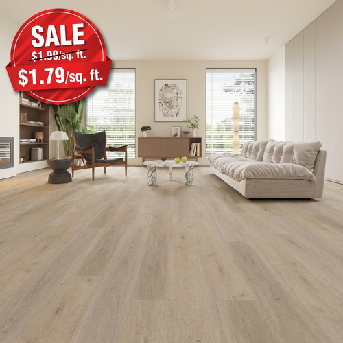Living room with vinyl flooring and a sale sign overlay